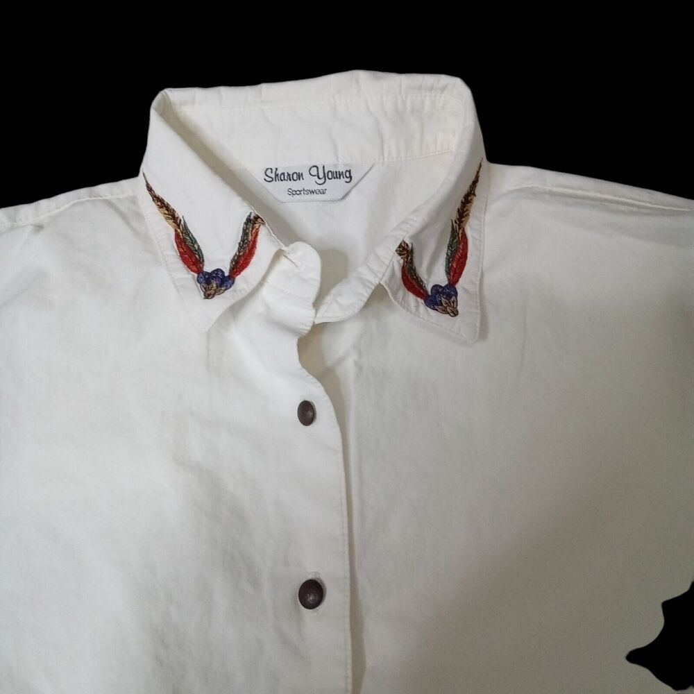 Womens Sharon Young Button-Up Embroidered Collar & Cuff Shirt Top Size L White - Picture 4 of 7